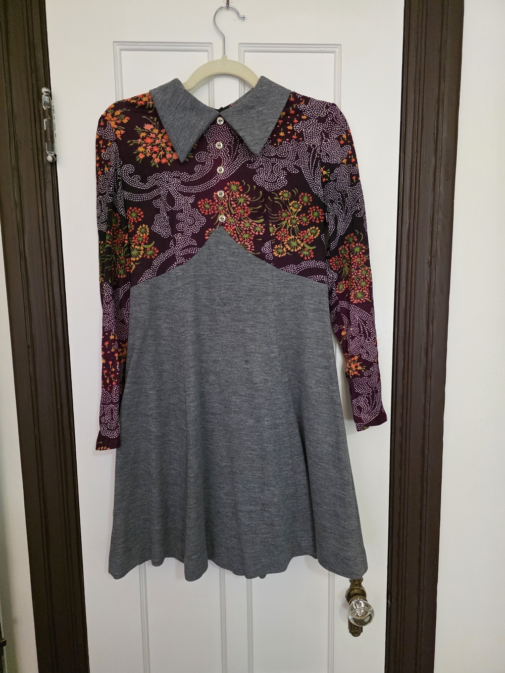 Gray and Burgundy Floral Collared Fit-and-Flare Dress